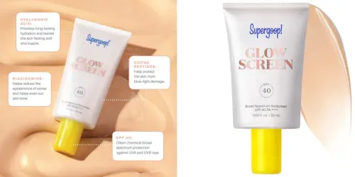 Image with text describing the benefits of Supergoop Mini Glowscreen Sunscreen (left) and a standalone image of the Supergoop Mini Glowscreen Sunscreen (right)